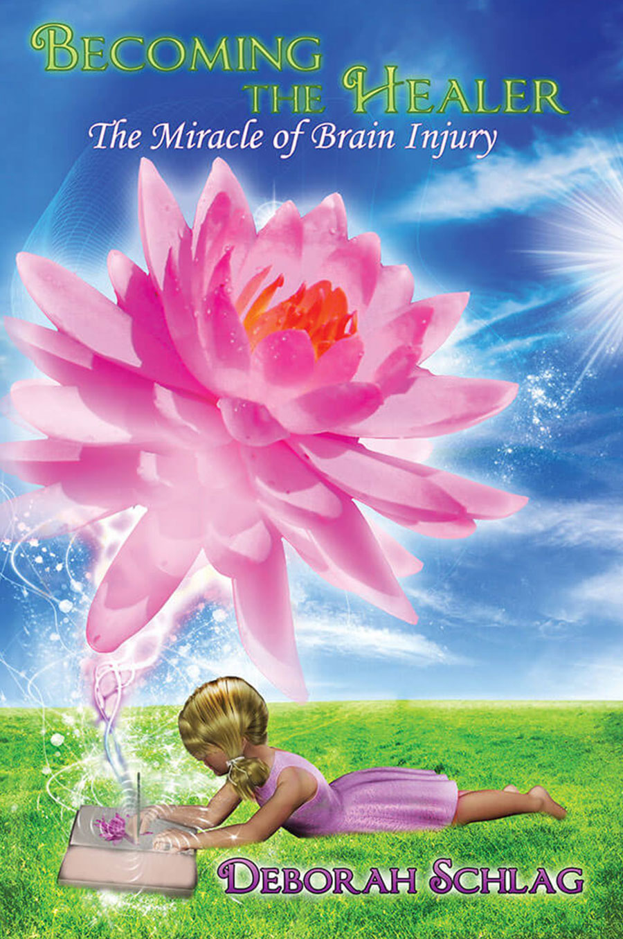 A large pink lotus flower blooms against a bright blue sky, while a figure in the foreground gazes up in wonder.