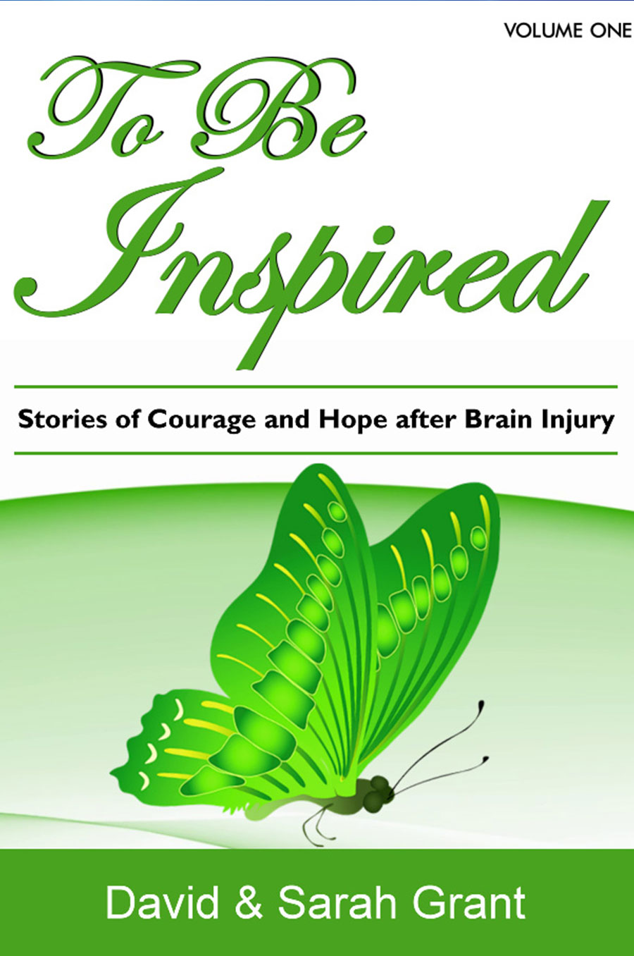 Book cover titled "Inspired: Stories of Courage and Hope after Brain Injury," featuring a green butterfly and uplifting design.